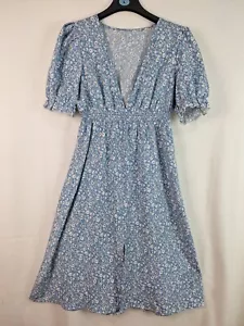 Shein Womens Blue Floral V-neck Puff Sleeve Casual Dress Size Large - Picture 1 of 13