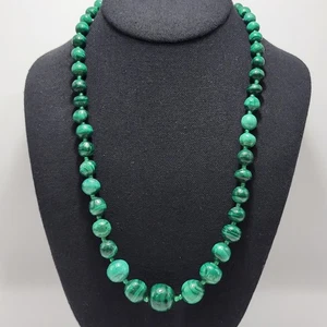 Vintage Genuine Malachite Beaded Necklace 102 Grams Graduated Up To 15mm SZ 22" - Picture 1 of 13