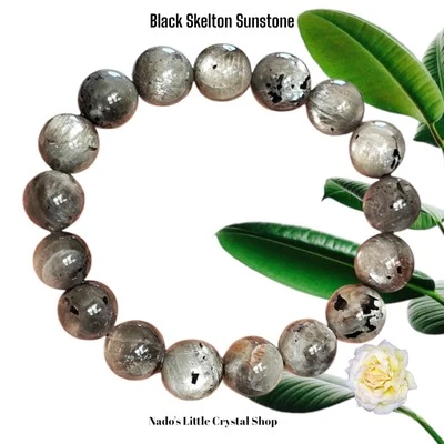 Brazalete de cristal natural/piedra lunar/piedra solar esqueleto negro 12 mm Foto 1 de 4