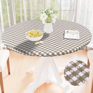 Round Vinyl Table Cloth, Waterproof Elastic Fitted Tablecloth with Flannel Ba... - Picture 1 of 8