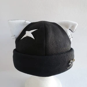 Kitty CAT ear HAT pin beanie BLACK & WHITE battle scar Halloween costume L/XL - Picture 1 of 4