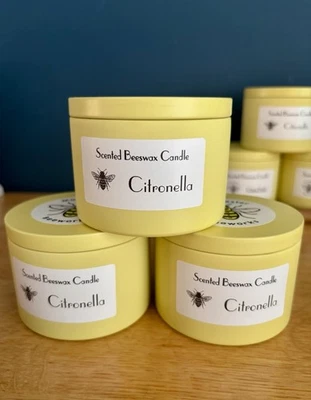 Large Citronella Beeswax Candle In Modern Yellow Tin With Wooden Wick. - Image 1 of 4