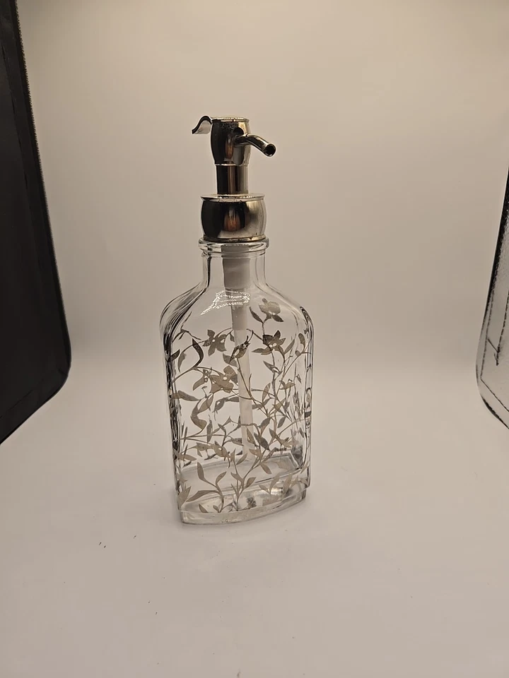 DISPENSADOR DE JABÓN GRANDE ESTILO VINTAGE DE VIDRIO, BOMBA DE NÍQUEL PLATA CEPILLADA 9 pulgadas de alto Foto 1 de 4