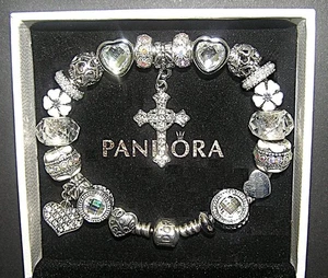 AUTHENTIC Pandora Bracelet With Love's Embrace Cross, White European Charms, Box - Picture 1 of 6