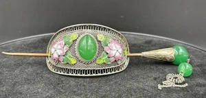 Antique barrette Hair Accessory Pin & Clip. Enamelled Flowers & Cabochon Green  - Foto 1 di 13