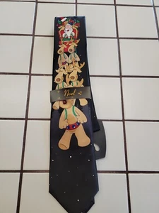 Noel  mens red Christmas Neck Tie black Santa reindeer and sleigh.   New no musi - Picture 1 of 3