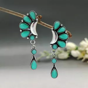 Vintage Argento 925 Turchese Orecchini Gancio Orecchini Pendenti A Goccia Donna Gioielli Matrimonio - Foto 1 di 4