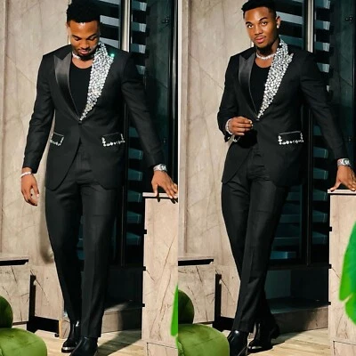 Fashion Men Suit Rhinestone Wide Peak Lapel Party Wedding Prom Black Men Tuxedos - Image 1 of 4