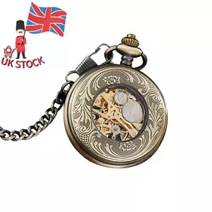 New Pocket Watch Roman Numerals Dial Vintage Skeleton Mechanical Movement Chain - Picture 1 of 22
