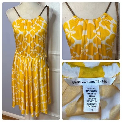 Diane Von Furstenberg Floral Silk Dress Rope Halter Yellow Preppy Women's Size 0 - Image 1 of 4