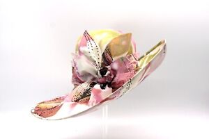 Derby Perfect Womens Hat Pink Green Gold Floral Design Matching Scarf & Floral