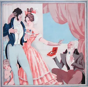 LORENZI 1931 Vintage French Vie Parisienne Print GIRL CHOOSES LOVE OVER MONEY - Picture 1 of 2
