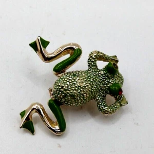 Vintage Frog Pin Brooch Movable Articulated Legs Green Gold Green Enamel Red Eye - Picture 1 of 4