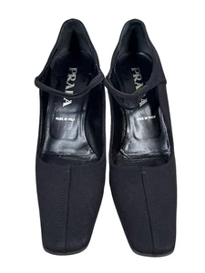 Vintage PRADA schwarze Stoff Heels eckige Zehenpartie elastische Knöchelriemen Gr. 37 US 6,5 - Bild 1 von 5