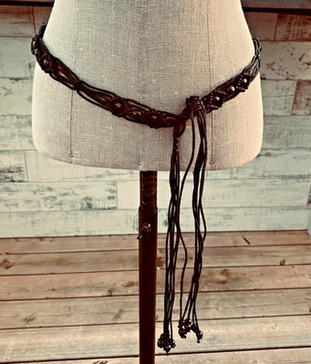 Vintage Y2K Boho Rope Fringe Tie Belt Black Leather Cord Wood Beaded Hippie 90s - Image 1 of 4