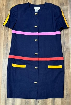 Vintage David Warren Navy Blue Button Front Dress Women’s Size 16 Short Sleeves - Image 1 of 4