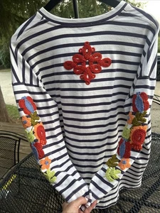 John Mark Striped Floral Crochet Embroidered Long Sleeve Top Shirt XL - Picture 1 of 9