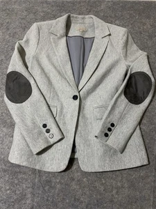 Loft Gray Herringbone Blazer Elbow Patches 100% Cotton Women’s Sz 6 Academia - Picture 1 of 8