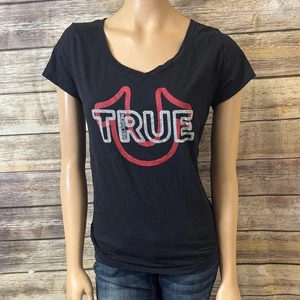 Camiseta Top True Religion L Grande Negra Roja Herradura Cristales Cuello en V - Imagen 1 de 4