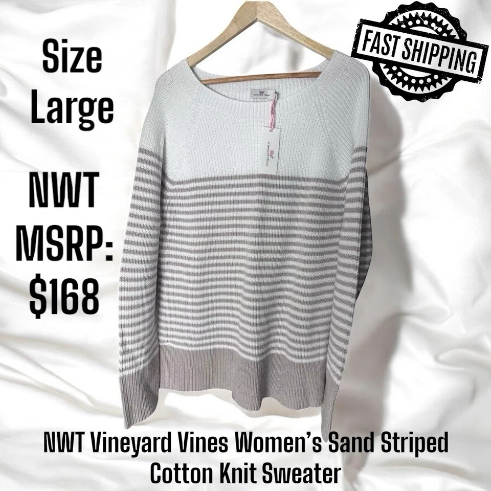 Nuevo con etiquetas Suéter tejido de algodón a rayas arena Vineyard Vines para mujer talla grande ENVÍO RÁPIDO Foto 1 de 4