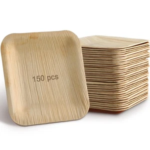 150 Pieces 4 Inch Palm Leaf Square Bamboo Plates Disposable Wood Dinnerware S... - Bild 1 von 7