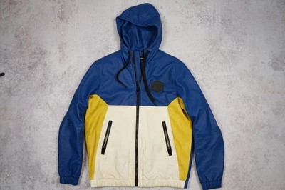 Chaqueta de Cuero Diesel L-CARR Talla M/L Con Capucha Bloque de Color Piel de Oveja Azul Amarillo Foto 1 de 4