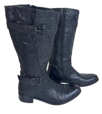 Balmain女式39高黑色皮靴皱纹纹理拉链扣带 — 第 1/4 张图片