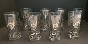 MCM LIBBEY Platinum Silver Scroll Collins Tumbler Glasses Set of 8 BAR WARE - Picture 1 of 6