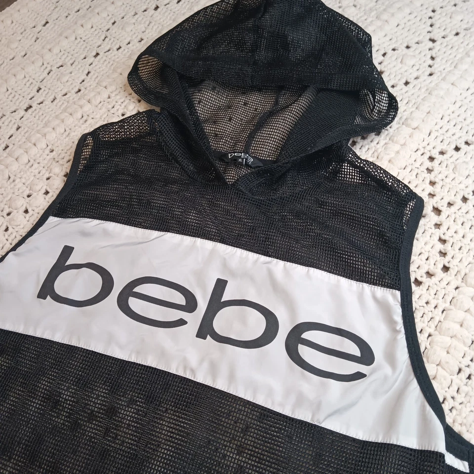Camisa sin mangas Bebe Sport para mujer XL con capucha malla negra con red Y2K Spellout Foto 1 de 4