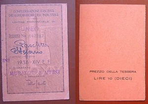 ORIGINAL FASCIST CARD TESSERA CONFEDERAZ. FASCISTA 1936 SINDACATO MURATORI CUNEO - Picture 1 of 1