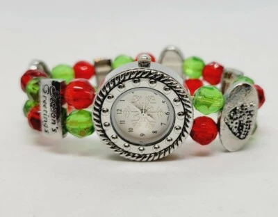 圣诞手表礼品弹力手链全新电池红色和绿色串珠银色  — 第 1/3 张图片