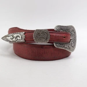 Vtg Western Belt 30 Oxblood Red Leather Etch Silver Tone Floral Buckle Tip Keep - Picture 1 of 23