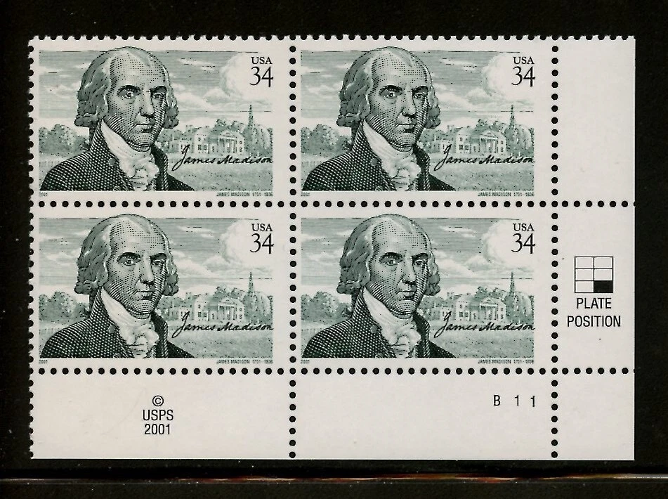US 3545, 2001 34c JAMES MADISON, LR PBOF4, MNH (US1487K) - Image 1 of 1