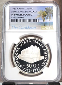 1982 ANTILLES SILVER 50 GULDEN ISRAEL SYNAGOGUE NGC PF 69 ULTRA CAMEO TOP POP - Picture 1 of 3
