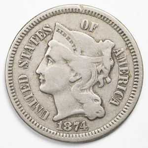 1874 Three Cent Nickel Piece 3¢ Very Fine (VF) - Picture 1 of 4