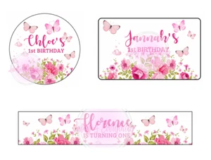 Personalised 1st Birthday Butterfly Pink Girl Drinks Bottle Stickers Labels - Picture 1 of 16