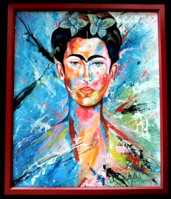 BONITO RETRATO ACRÍLICO ORIGINAL FIRMADO VINTAGE DE FRIDA KAHLO Foto 1 de 4