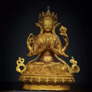 Statua Guanyin 12" Cina vecchio tempio buddismo tibetano bronzo dorato 24k quattro braccia - Foto 1 di 9
