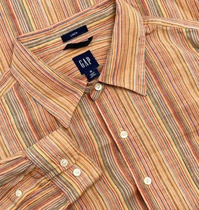 GAP Shirt Men XL Orange Linen Long Sleeve Beach Vacation Groovy Art Tropical - Picture 1 of 11