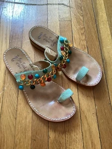 Miss Trish of Capri Ladies Size 6/37 Teal Leather Beaded Thong Sandals,Italy - Picture 1 of 4