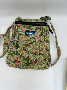 Kavu Rose Floral Green Pink Canvas Cotton Crossbody Shoulder Handbag Purse - Picture 1 of 12