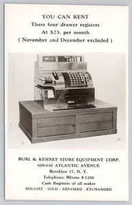 ANUNCIO DE CAJA REGISTRADORA RPPC, Burl & Kenney Store Equipment Corp, Brooklyn NY 1939-50 - Imagen 1 de 3