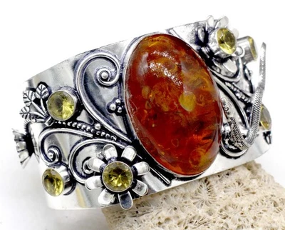 925 Sterling Silver Baltic Amber & Citrine Gemstone Jewelry Cuff Bracelet Sz-ADJ - Imagem 1 de 4