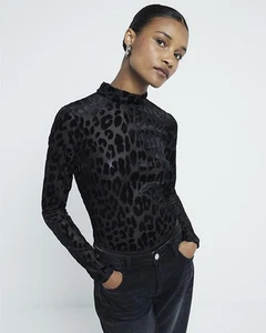 River Island Womens Black Velvet Animal Long sleeved Body Top Size 8 - Picture 1 of 11
