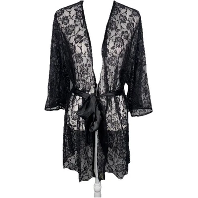 Dreamgirl Lace Robe Women's 1X/2X Black Floral Short Belted Sexy Romantic Gothic - Image 1 of 4