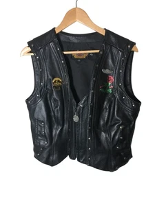 Vintage Harley Davidson Leather Vest Women's Size XL Black Red Roses Biker - Picture 1 of 7