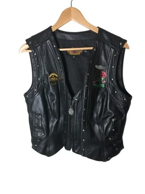 Vintage Harley Davidson Leather Vest Women's Size XL Black Red Roses Biker - Image 1 of 4