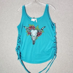Roper Women Top M Blue Sleeveless Tank Bull Floral Skull Graphic Lace Up Side - Picture 1 of 7