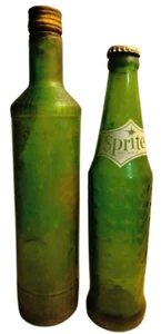 2 vintage green glass bottles one is Sprite other unknown unique shape with caps - Picture 1 of 3