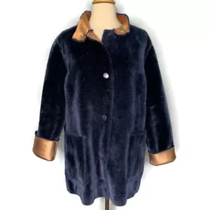 Opening Ceremony Metallic Copper Deep Navy Reversible Faux Fur Boxy Coat Size 4 - Picture 1 of 18